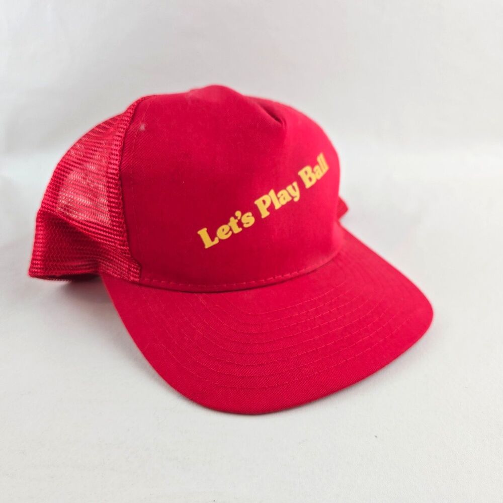 Vintage Let's Play Ball Red Mesh Trucker Snapback Hat Designer Award Headwear